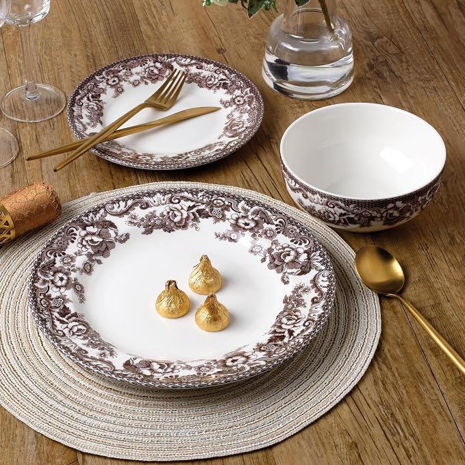 Montana 12-Piece Chip-Resistant Porcelain Dinnerware Set – Service for 4 | Reinforced Scratch-Shield Glaze | Large 25oz Deep Bowls | Elegant Brown Floral Border | Dishwasher, Microwave, & Oven Safe