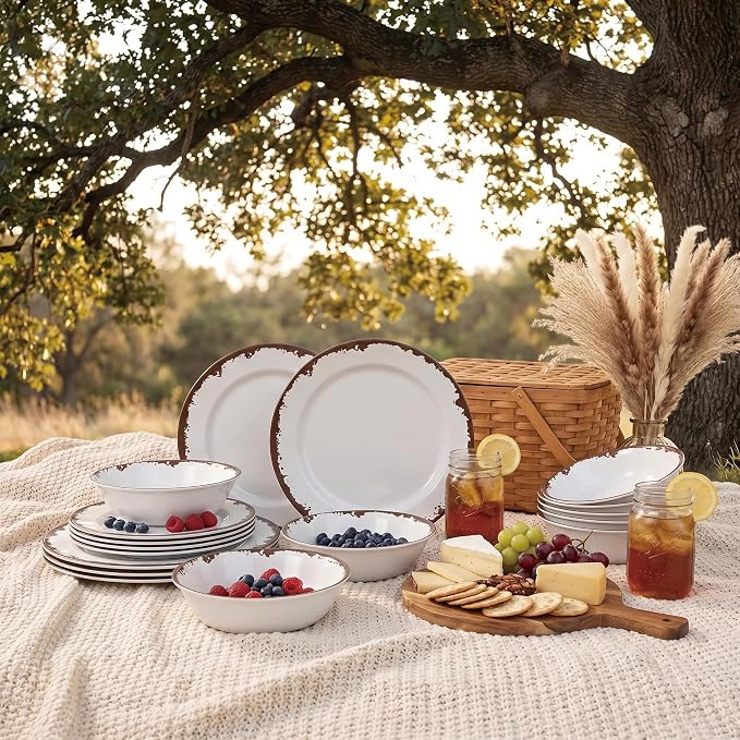 Melamine Dinnerware Set-12 Piece Farmhouse Plates and Bowls Set for 4,Lightweight&Durable Dish Set, Unbreakable Camping/RV Serving Dinner Plates, Dishwasher Safe, Off White