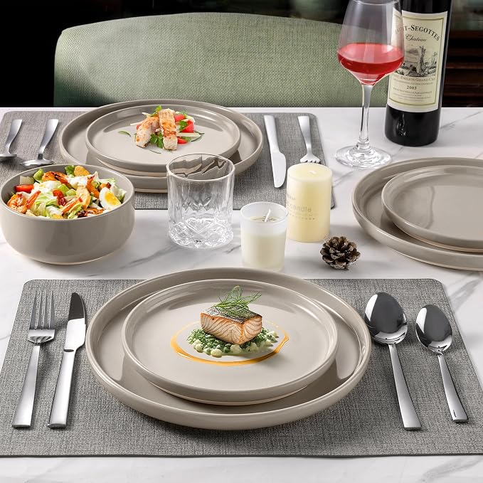 LIANYU Dinnerware Dishes Sets for 2, 6-Piece Stoneware Dinner Set, Ceramic Dining Bowls and Plates Crafted at 2400℉, Scratch Resistant, Microwave & Dishwasher Safe, Milky Brown