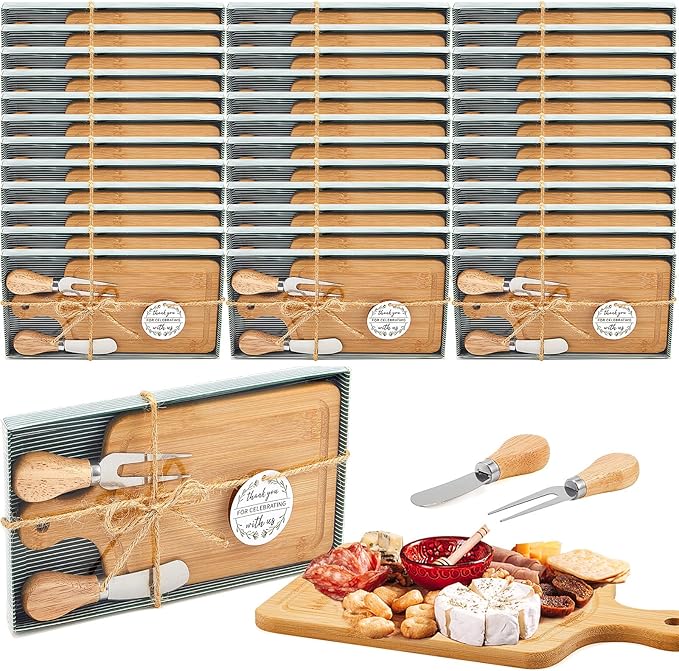Ziliny 36 Set Bridal Baby Shower Cheese Prizes Wooden Square Board Gift Set Knives Forks Thank You Tags with Box for Guests for Valentines Bridal Baby Shower Housewarming Gifts (Bamboo Color)