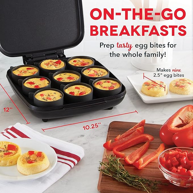 Dash Family Size Egg Bite Maker - Electric Egg Bite Maker with Non-Stick Silicone Cups - Space-Saving Design & Quick Cleanup - Make Sandwiches, Healthy Snacks & Desserts - 9 Servings, Black