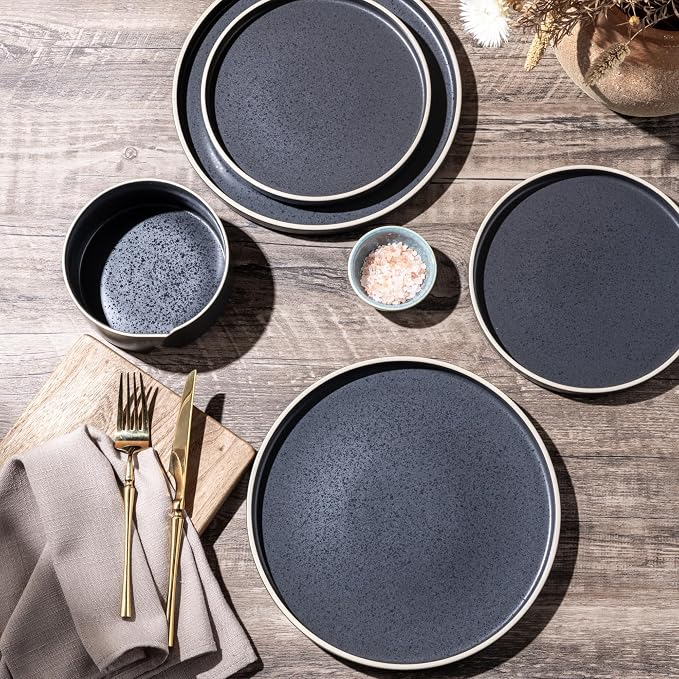 LERATIO Ceramic Dinnerware Sets for 6, High Edge Stoneware Plates and Bowls Set, Chip and Crack Resistant | Oven & Dishwasher & Microwave Safe Dishes Set, Service for 6 -Speckeld Black