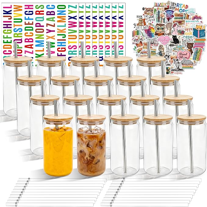 16 oz Clear Plastic Cups Reusable with Bamboo Lids and Straws & DIY Sticker, 20Pack Acrylic Mason Jars Iced Coffee Drinking Glasses Cup for Park Picnic, Poolside, Party Giveaways