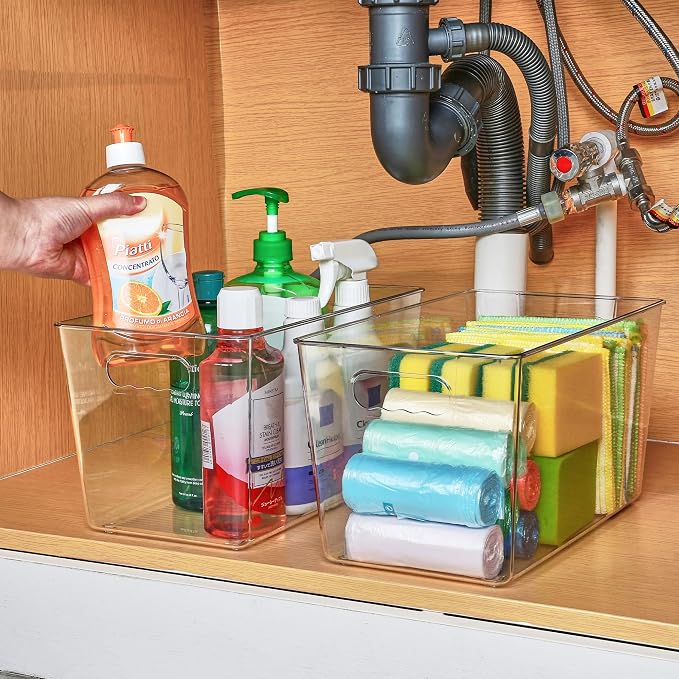 Vtopmart 6 Pack Clear Plastic Storage Bins, Pantry Organizer Containers with Handle for Refrigerator, Fridge, Cabinet, Kitchen, Countertops, Cupboard, Home Organization and Storage, XL