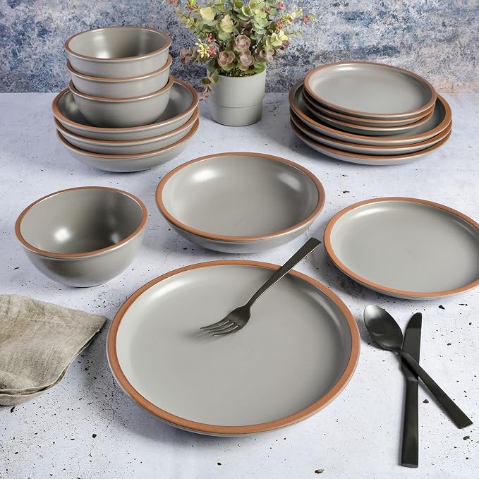 Gibson Elite Lagos Coupe Dinnerware Set, Service for 4 (16pcs), Grey, Grey (Double Bowl)