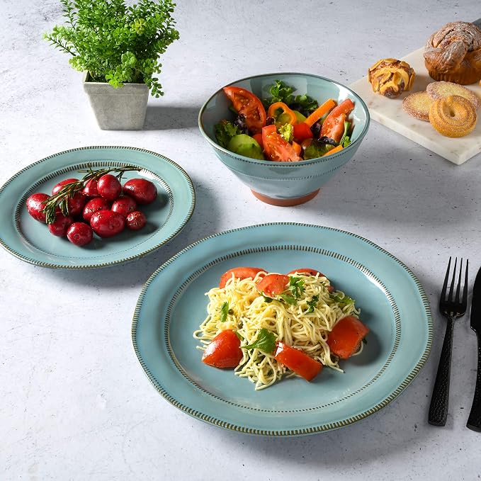 Gibson Elite Terranea Round Reactive Glaze Terra Cotta Dinnerware Set, Service for Four (12pcs), Teal