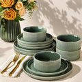 GBHOME 12-Piece Stoneware Dinnerware Set for 4 – Ribbed Ceramic Plates and Bowls, Scratch-Resistant, Microwave & Dishwasher Safe, Reactive Glaze, Dark Green