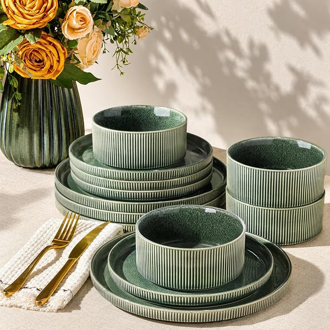 GBHOME 12-Piece Stoneware Dinnerware Set for 4 – Ribbed Ceramic Plates and Bowls, Scratch-Resistant, Microwave & Dishwasher Safe, Reactive Glaze, Dark Green