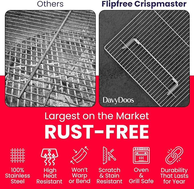 Flip-Free Crispmaster 1st Ever 4-Inch Elevated Roasting, Baking, and BBQ Rack for 360° Heat Stainless Steel Wings, Fries, Chicken, Veggies, Turkey for Oven, Grill, or Smoker 17” x 13”