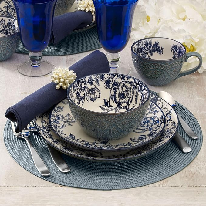 Pfaltzgraff Gabriela Blue 16-Piece Dinnerware Set, Service for 4, Durable Stoneware Plates, Bowls, and Mugs with Elegant Blue Pattern, Dishwasher Safe