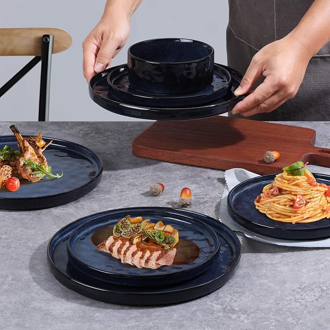 LIANYU 12 Piece Dinnerware Sets for 4, Stoneware Dish Dinner Set, Kitchen Dining Plates and Bowls, Ceramic Tableware Dishware, Microwave & Dishwasher Safe, Cetacean Blue