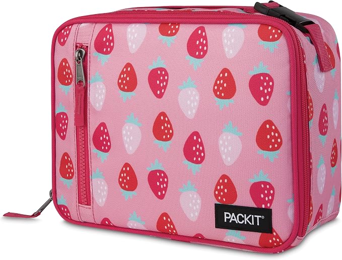 PackIt Freezable Classic Lunch Box, Sweet Strawberry, Built with EcoFreeze Technology, Collapsible, Reusable, Zip Closure With Zip Front Pocket and Buckle Handle, Designed for Fresh Lunch On the Go