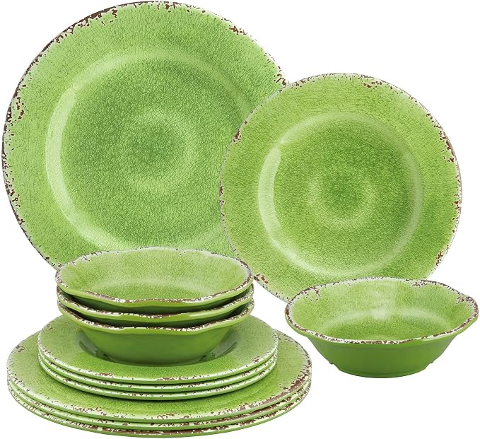 UPware 12 Piece Crackle Melamine Dinnerware Sets, Outdoor Dishes Set, Plates and Bowls Sets, Service for 4, Green
