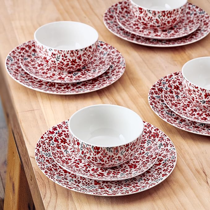 Pfaltzgraff Radiant Blossom 12 Piece Floral Stoneware Dinnerware Plate Bowl Dish Set, Service for 4, Red