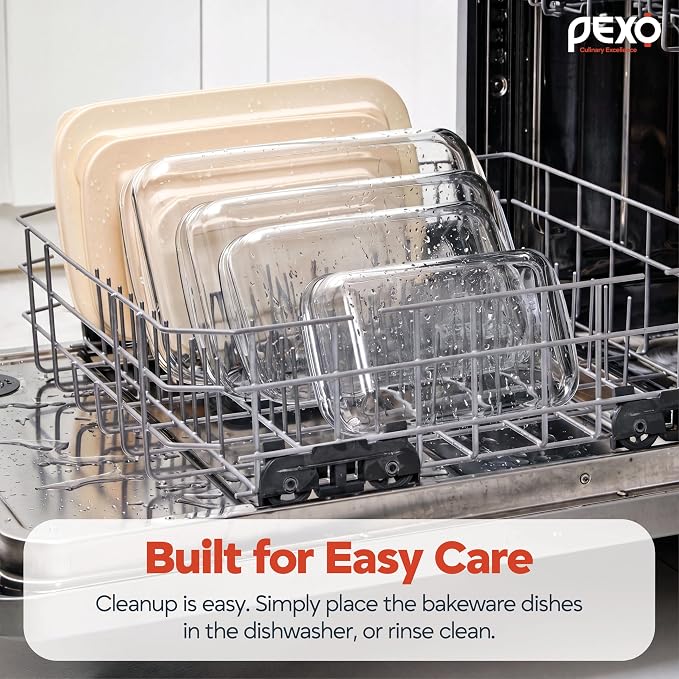 Pexo 8 Piece Glass Baking Dish Set with Plastic Lids, With Silicone Handles for Easy Grip (1.06QT, 1.69QT, 2.32QT, 3.17QT), Clear Glass Casserole Dishes for Oven, Airtight Lids, Glass Bakeware, Freezer, Oven, and Dishwasher safe (White)