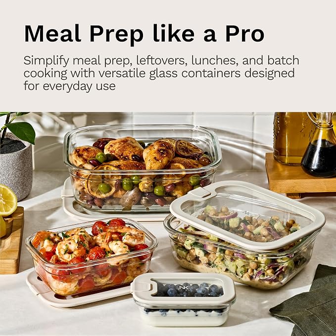 Naked Kitchen 8-Piece Food Storage Containers with Lids – Nesting Borosilicate Glass Meal Prep Containers with Leak-Proof Airtight Seal – BPA Free, Microwave, Oven, Freezer & Dishwasher Safe – Cream