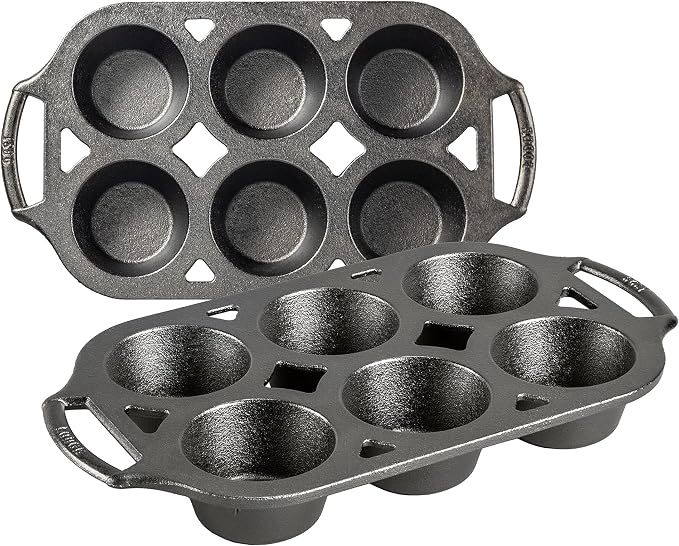 Lodge Seasoned Cast Iron Muffin Pan Set - Six-Well Bakeware Set for Muffins, Cupcakes, Cornbread & Homemade Favorites - Includes Looped Handles - 2-Pack