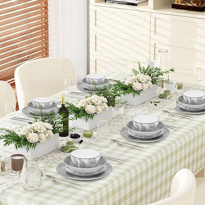 Porcelain Lightweight Dinnerware Sets for 4, 16 Pieces Grey Floral Ceramic Plates and Bowls Set, Branch Dishes Set with Pasta Bowls, Microwave and Dishwasher Safe