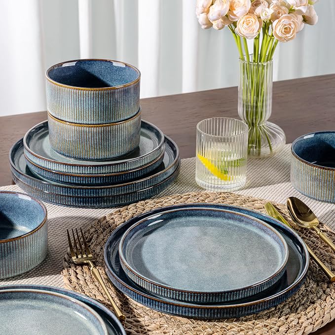 GBHOME 12-Piece Stoneware Dinnerware Set for 4 – Ribbed Ceramic Plates and Bowls, Scratch-Resistant, Microwave & Dishwasher Safe, Reactive Glaze, Ceylon Blue