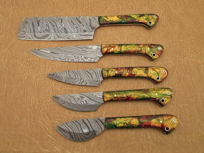 5 pieces Damascus steel kitchen knife set with gift box, Camouflage scale, Overall 45 inches Length of Damascus sharp knives (10.6+9.6+9.0+8.0+7.6) Inches, includes a gift box (Camouflage Orange)