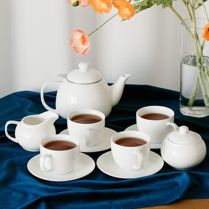 BTaT Royal Tea Set - 4 Porcelain Tea Cups (8oz), Pot (32oz), Creamer & Sugar Set