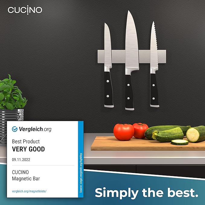 CUCINO Magnetic Knife Holder for Wall 10" No Drilling incl. Self Adhesive Tape - Extra strong Magnet - Awarded Strip - Made of Stainless Steel