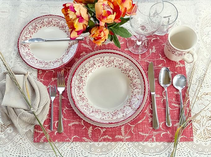 Tudor Royal 24-Piece Round Dinnerware Set, Service for 6, Aster Pink Design, Red Floral, Plates Bowls Mugs Dishes, High Gloss Premium Quality