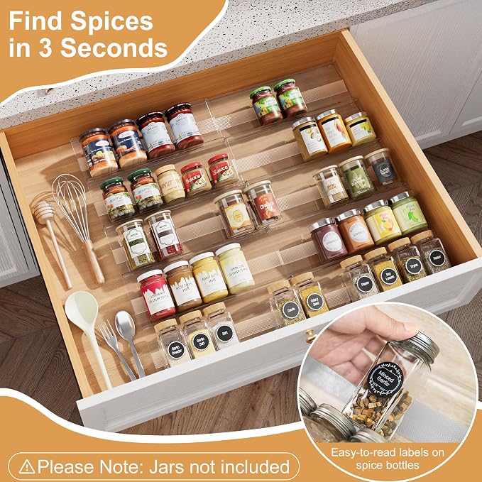 10-Pack Adjustable Spice Drawer Organizer, Expandable Seasoning Rack Tray (13" to 26"), Acrylic Insert with Anti-Slip Mat for Kitchen Cabinet (Jars Not Included)