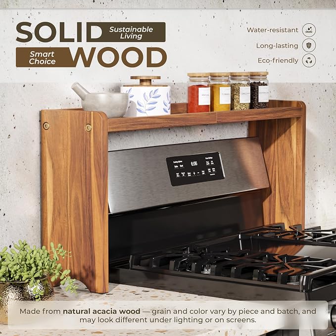 BLUEWEST Wood Over The Stove Spice Shelf for Kitchen Storage, 31.5" Solid Acacia Wood Stove Top Spice Rack Organizer, 12.2" Height, Water-Resistant, No Drilling, Easy to Assemble Kitchen Storage