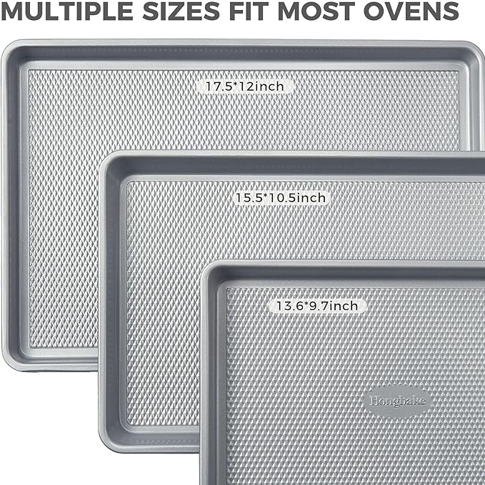 HONGBAKE Naturally Non Toxic Baking Sheet Pan Set of 3, Heavy Duty Aluminized Steel Cookie Sheets, Half/Quarter/Jelly Roll Pans with Textured Nonstick Surface, Free of PTFE & PFOA