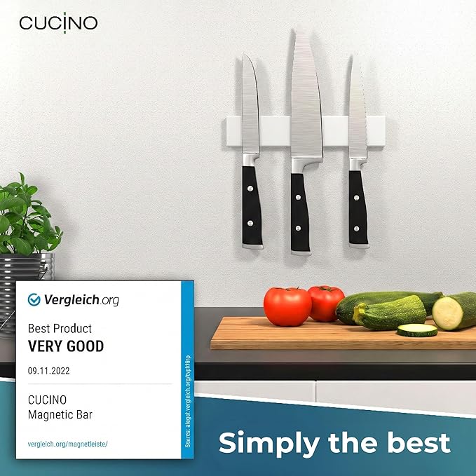 CUCINO Magnetic Knife Holder for wall, 10" no drilling required, includes self-adhesive tape, extra strong for holding knives – Awarded magnet strip – White Rubber