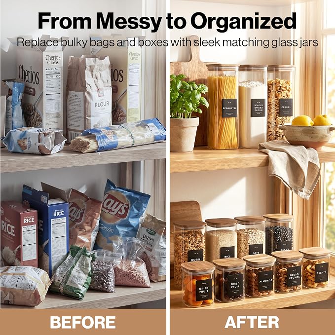 EDELHAUS Glass Storage Containers with Lids - Canister for Pantry Food | Acacia Lids Black Labels Set of 5 - cereal flour sugar rice coffee tea spice pasta noodles dry goods 54 pre-printed labels