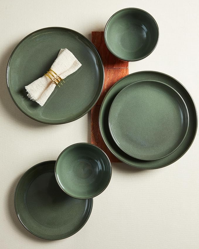 Pokini Stoneware Dinnerware Sets for 6, 18 Piece Microwave Safe Plate and Bowl Set, Easy to Clean & Durable Dishes Sets for Small to Medium Families, Forest Green