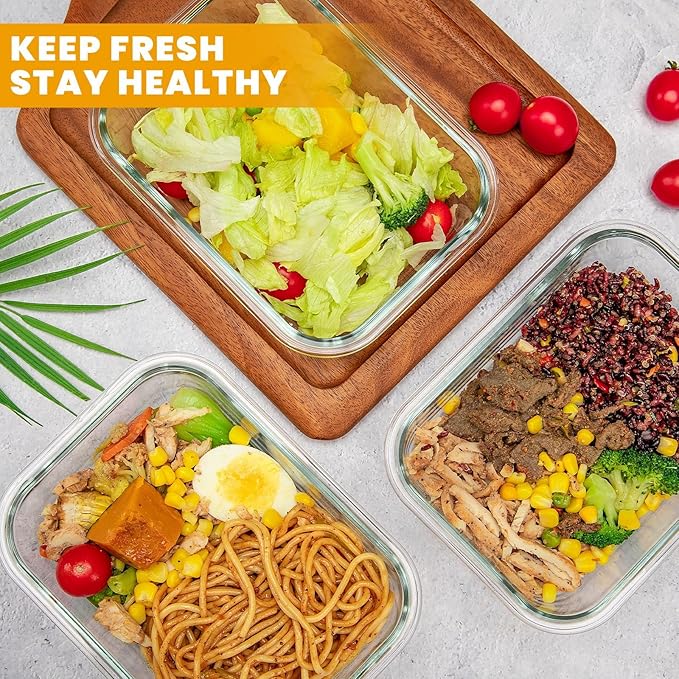 TYKOON 10 Pack Glass Meal Prep Containers with Snap Locking Lids, Airtight Leakproof Bento Boxes for Lunch Freezer Microwave and Dishwasher Safe, Includes 5x36oz and 5x12oz