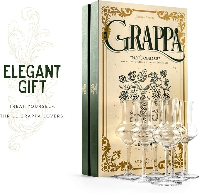 Crystal Grappa and Cordial Glasses | Set of 6 | Small 3 oz Long Stemmed Spirit Glassware for Liqueur, After Dinner Drink, Aperitif, Digestive | Italian Tulip Shaped Liquor Stemware for Nosing, Sipping