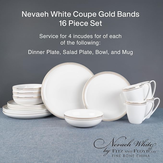 Everyday White by Fitz and Floyd Nevaeh Bone China Coupe Platinum Bands Dinnerware Set, Service for 4