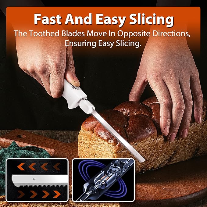 Electric Knife, Electric Carving Knife Set with Two Serrated Stainless Steel Blades, Carving Fork, with Non Slip Handle, Safety Lock and Storage Case for Meat, Bread Fish,Other and Foods.