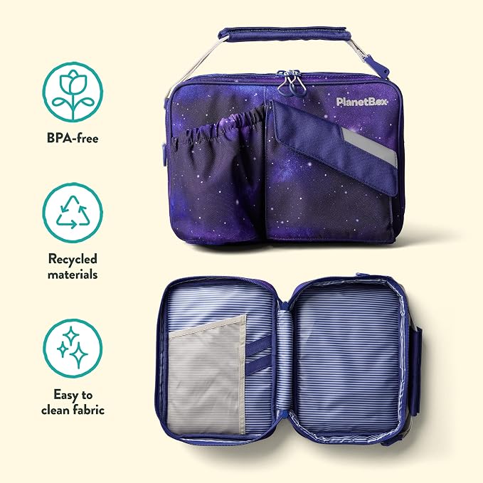 PlanetBox Rover Stainless Steel Bento Box Style Lunch Box Kit for Kids with 5 Compartments – Stardust Edition includes Insulated Lunch Bag, Leakproof Food Containers and Matching Magnets