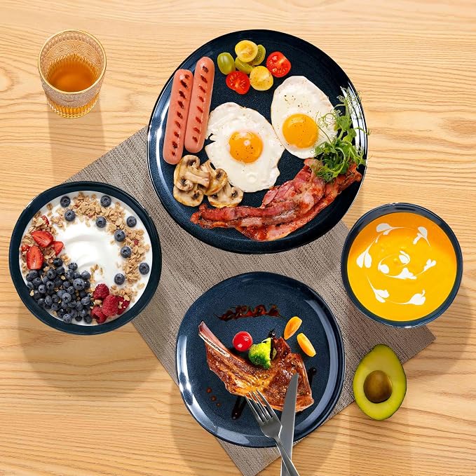 Herogo 12pcs Stoneware Dinnerware Sets for 4, Irregular Handmade Dinner Plates and Bowls, Kitchen Dining Dish Dishware Set, Microwave & Dishwasher Safe,Starry Blue