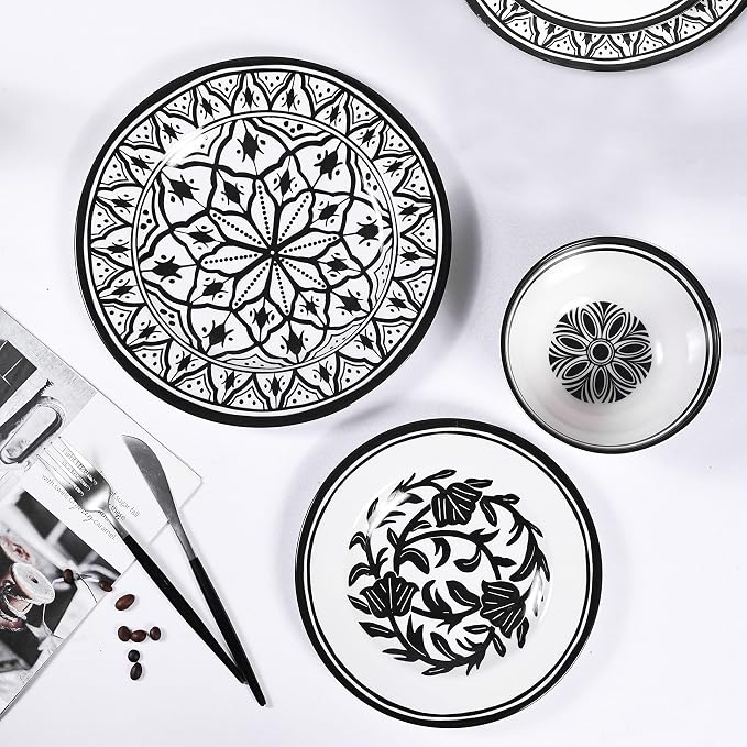 Melamine Dinnerware Sets-12pcs Melamine Plates and Bowls Set, Unbreakable, Dishwasher Safe, Indoor Outdoor Use, Ideals for Parties, Camping Dish Set, Black and White Pattern