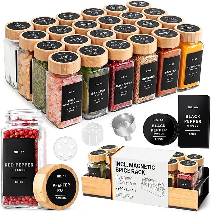 EDELHAUS Square Glass Spice Jars (24 x 4oz) with Bamboo Lids + Magnetic Spice Rack for Refrigerator (Fits 12 Jars) + Bonus Slim Auxiliary Rack, 240 Labels, Shaker Inserts, Funnel