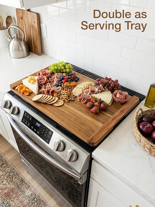 TIDITA Acacia Wooden Stove Top Cover - 29.5x21.7 Noodle Board Stove Cover - Stove Top Cover For Gas Stove, Electric Stove/Countertop - Gas Stove Cover Board with Recessed Handles, No Assembly Required