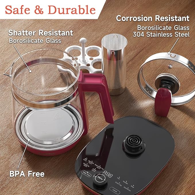 Hot Tea Maker Glass Electric Kettle With Tea Infuser And Temperature Control, 1.5L Stainless Steel, 1200W Rapid Boiling, Programmable Control For Your Favorite Teas And Coffee, Red