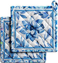 Maison d' Hermine Pot Holders 100% Cotton Heat Resistant Potholders 8" x 8" Hot Pads with Loop BBQ Cooking Baking Gifts for Mothers Day Handling Hot Pans Spring/Summer (Pack of 2, Summer Blues)