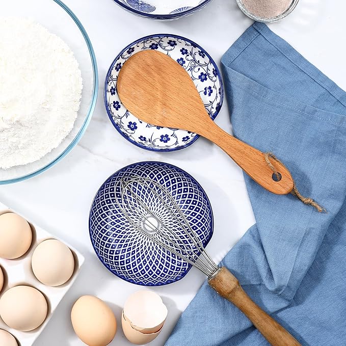 Selamica Ceramic Spoon Rest with Holder, 4.8 Inch Spoon Rest for Stove Top, Spoon Holder for Kitchen Counter, Coffee Spoon Holder, Utensil Rest for Cooking, Ladles, Tong, Set of 4, Vintage Blue