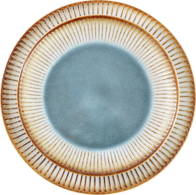 Elama 16 Piece Stonewre Dinnerware/Tableware Set, Service for 4, Textured Design, Color Rim Place Settings (Louann)