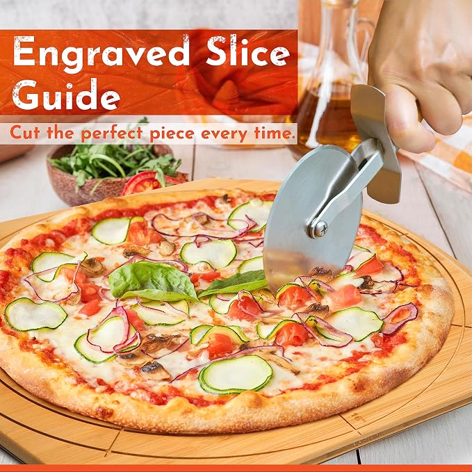 Wooden Pizza Peel 14 Inch Board with Engraved Sizes - Multi-Purpose Bamboo Pizza Cutting Board, Wood Pizza Peel, Pizza Spatula Paddle, and Serving Board with Size and Cutting Guide
