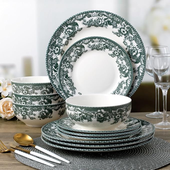 Montana 12-Piece Chip-Resistant Porcelain Dinnerware Set – Service for 4 | Reinforced Scratch-Shield Glaze | Large 25oz Deep Bowls | Elegant Green Floral Border | Dishwasher, Microwave, & Oven Safe