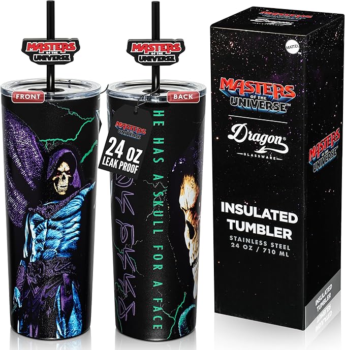 Dragon Glassware x Masters of the Universe (MOTU) Vacuum Insulated Stainless Steel Tumbler - 24 oz with Straw Charm - Official 2026 Movie Merch - Skeletor