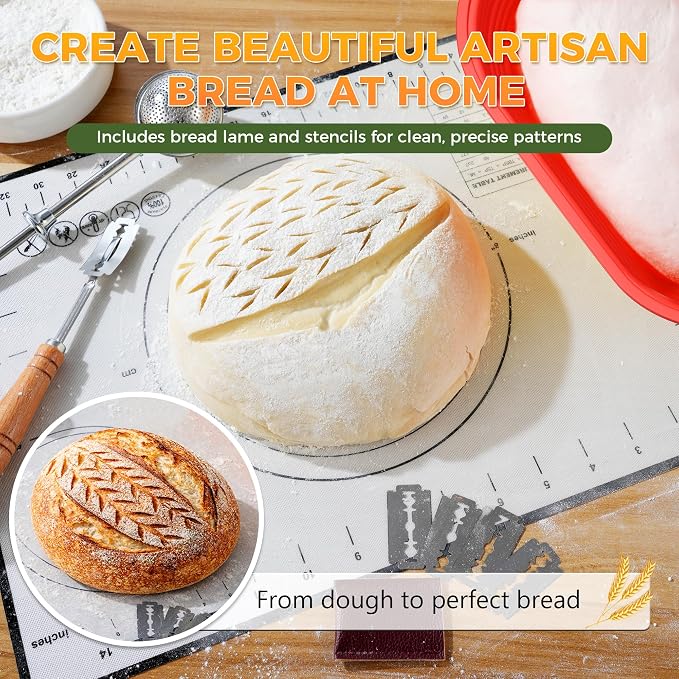Sourdough Starter Kit for Beginners, 34 oz Starter Jar with Scale Marking, 2 Silicone Proofing Baskets, Complete Bread Baking Kit with Guide & Recipes, Easy to Use & Clean - Red